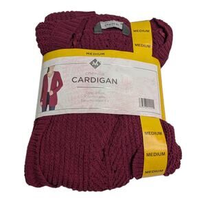 Members Mark Chenille Cardigan Sweater M Raspberry Red Open Front Cutouts Soft